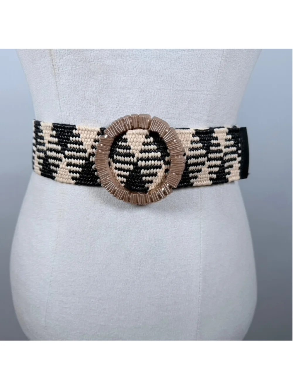 Bohemian Stretch Raffia Belt Black Beige Knit Woven Waist Belt Coastal Size M/L